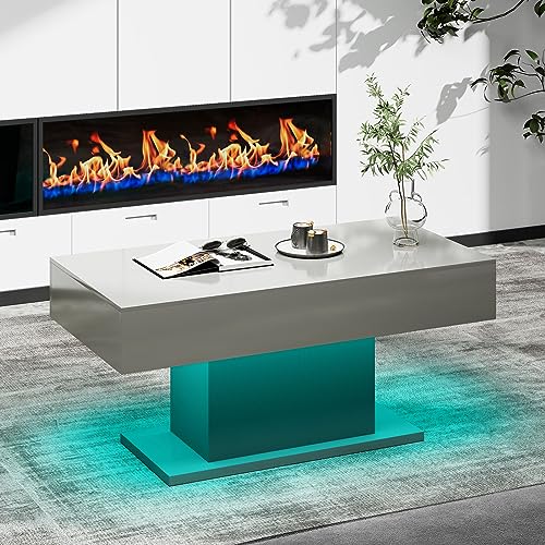 KEEPREAPER Couchtisch Wohnzimmertisch grau Hochglanz, Sofatisch mit LED Beleuchtung modern für Wohnzimmer, 110 x 55 x 50 cm (Grau-CT30) von KEEPREAPER