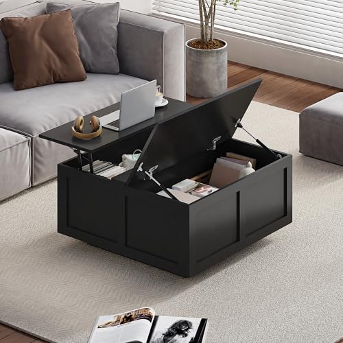 KEEPREAPER Couchtisch Wohnzimmertisch höhenverstellbar Stauraum, (40-54) x 80 x 80cm, Schwarz von KEEPREAPER