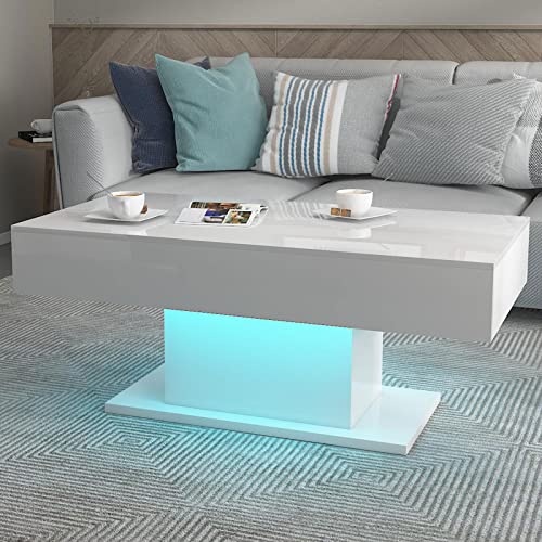 KEEPREAPER Couchtisch Wohnzimmertisch weiß Hochglanz, Sofatisch mit LED Beleuchtung modern für Wohnzimmer, 110x55x50cm/USB (Weiß-CT10) von KEEPREAPER