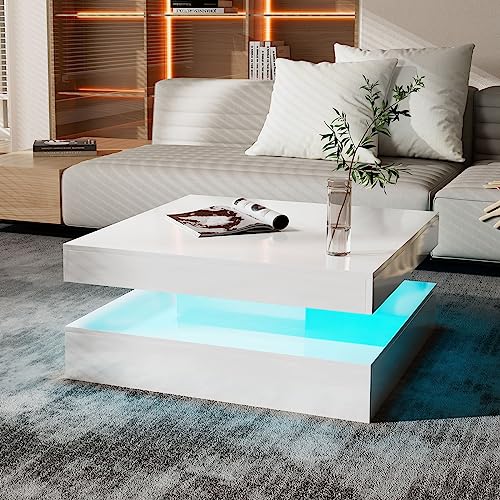 KEEPREAPER Couchtisch Wohnzimmertisch weiß Hochglanz, Sofatisch mit LED Beleuchtung modern für Wohnzimmer, 78 x 78 x 35,5 cm (Weiß-CT20) von KEEPREAPER