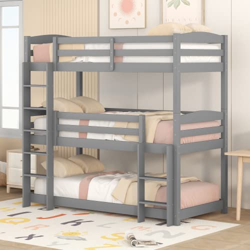 KEEPREAPER Etagenbett 90x200 cm für 3 Personen, Hochbett mit Treppe Platzsparend (Grau) von KEEPREAPER