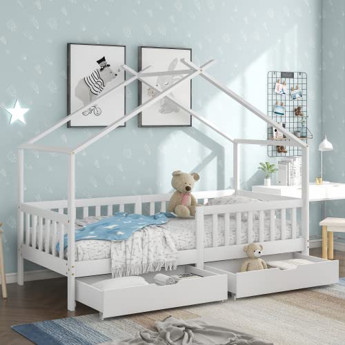 KEEPREAPER Hausbett Kinderbett 90x200 cm mit 2 Schubladen, Jugendbett mit Rausfallschutz, Lattenrost und Zaun für Jungen & Mädchen, Weiß ohne Matraze von KEEPREAPER