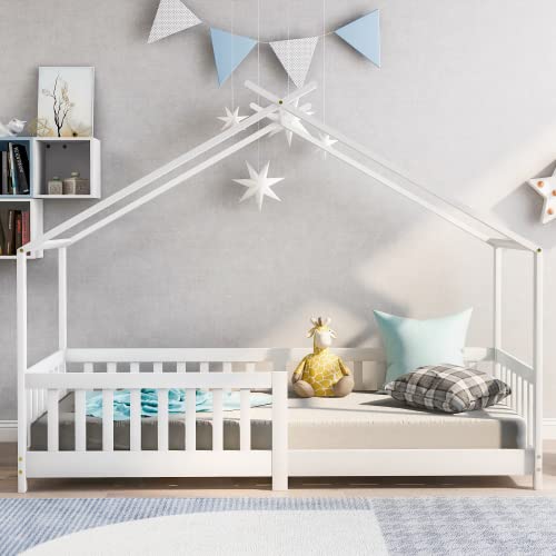 KEEPREAPER Hausbett Kinderbett 90x200 cm mit Zaun und Lattenrost und Rausfallschutz für Jungen & Mädchen, Weiß, niedrige Beine ohne Schublade und Matraze von KEEPREAPER