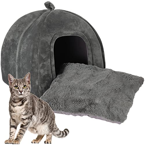 KEEPREAPER Katzenhöhle große Katzen XL, Katzenbett kuschelhöhle flauschig waschbar, Katzenkorb zum schlafen mit Katzenkissen, Katzenhaus klappbar mit Handle, 42x42x45cm (Unifarben-Grau) von KEEPREAPER