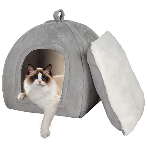 KEEPREAPER Katzenhöhle XL große Katzen 42x42x45cm, Katzenbett flauschig kuschelhöhle mit Kissen waschbar, Katzenhaus Indoor klappbar mit Handle, Samt, Hellgrau von KEEPREAPER