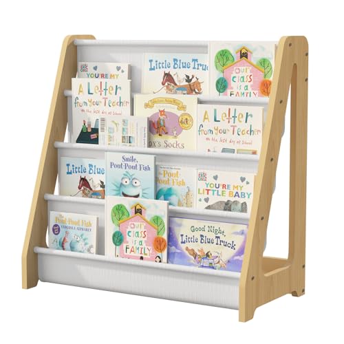 KEEPREAPER Kinder Bücherregal, Kinderregal mit 4 Taschen, aus Holz, Vliesstoff, Kinderzimmer Regal, 60x30x60cm (Natur) von KEEPREAPER