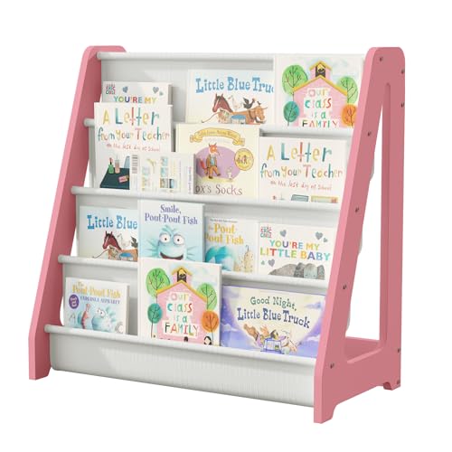KEEPREAPER Kinder Bücherregal, Kinderregal mit 4 Taschen, aus Holz, Vliesstoff, Kinderzimmer Regal, 60x30x60cm (Rosa) von KEEPREAPER