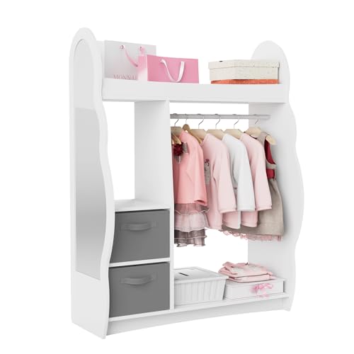 Kleiderständer Kinder mit Spiegel, Kleiderstange mit Ablagen, Kinder Kleiderschrank Holz, Kinderregal 81 x 28 x 106,5 cm (Wolken mit 2 Schubladen, Weiß) von KEEPREAPER
