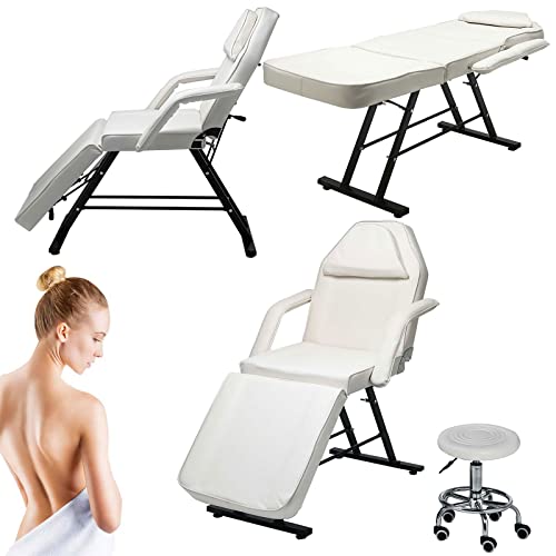 KEEPREAPER Kosmetikliege höhenverstellbar Massageliege 3 Zone mit Hocker 78cm Breit Massagebett aus PU-Leder belastbar bis 270kg (Weiß) von KEEPREAPER