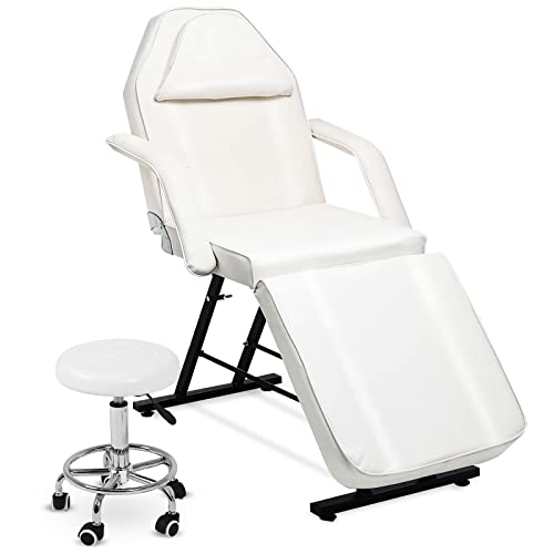 KEEPREAPER Massageliege mit Hocker für zuhause, Kosmetikliege 3 Zone klappbar höhenverstellbar mit kosmetikhocker 78cm Breit, Massagebett aus PU-Leder belastbar bis 270kg, Weiß von KEEPREAPER