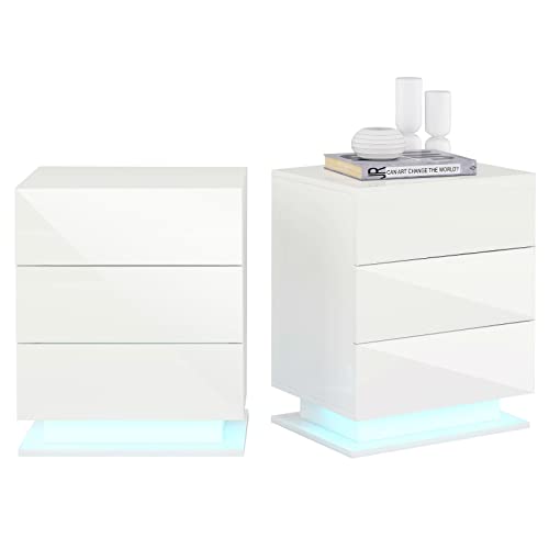 KEEPREAPER Nachttisch 2er Set Weiß Hochglanz LED, Nachtschrank Kommode mit Schubladen und 16 Farben Beleuchtung für Schlafzimmer & Wohnzimmer, 50x35x60cm (Weiß 2er Set) von KEEPREAPER