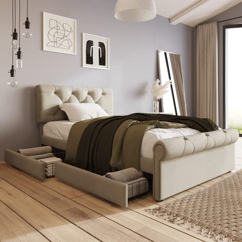 KEEPREAPER Polsterbett Einzelbett 90x200 mit 2 Schubladen, Hausbett mit höhenverstellbarem Kopfteil für Schlafzimmer, Leinen, Beige (90x200cm) von KEEPREAPER