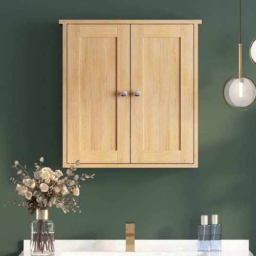 KEEPREAPER Wandmontierter Badezimmerschrank 58x56cm – Feuchtigkeitsfester Holzschrank mit 2 Türgriffen, Großem Stauraum & Einzigartigem Design,Natur von KEEPREAPER