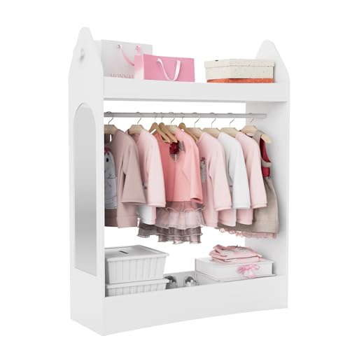 Kleiderständer Kinder Garderobenständer mit Ablagen, Spiegel und Haken Kleiderstange Garderobe aus Holz 81 x 28 x 106,5 cm (Rakete, Weiß) von KEEPREAPER
