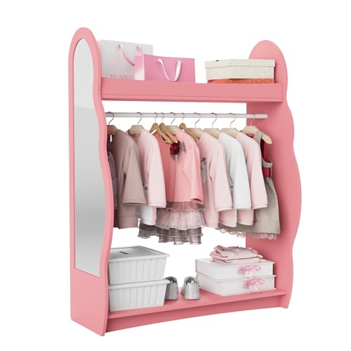 Kleiderständer Kinder Garderobenständer mit Ablagen, Spiegel und Haken Kleiderstange Garderobe aus Holz 81 x 28 x 106,5 cm (Wolken, Rosa) von KEEPREAPER