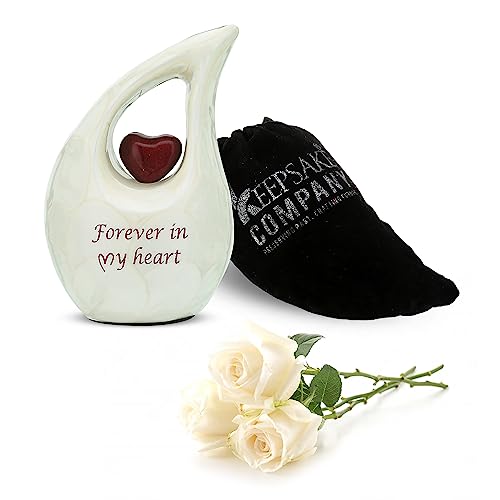 KEEPSAKE COMPANY Tropfenförmige kleine Urnen für menschliche Asche, Mini-Urne mit rotem Herz, Kremationsandenken für Asche, ERN Tiny Little, mit hochwertigem Samtbeutel, Weiß mit rotem Herz von KEEPSAKE COMPANY