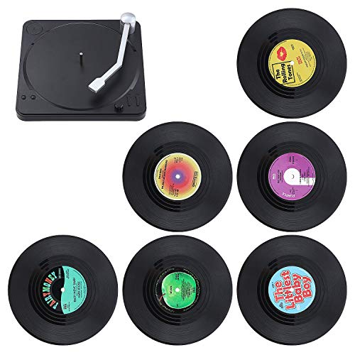 KEESIN Retro Vinyl Untersetzer,6 Stück Vinyl Schallplatten Untersetzer Getränke Untersetzer für Tassen Tisch Bar Glas Gläser mit Halter (Red) von KEESIN