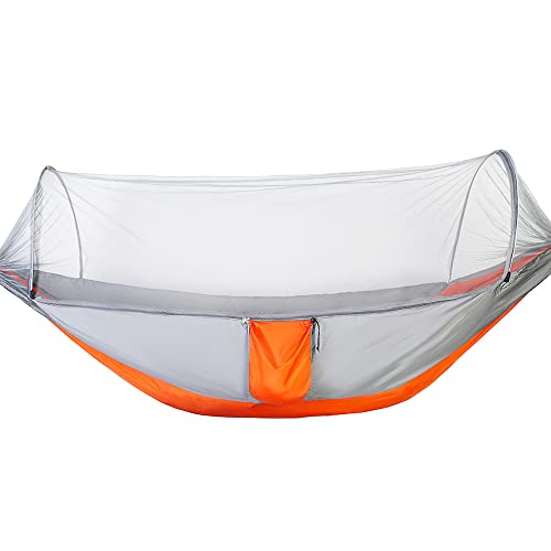 KEESIN Outdoor Hängematte,Camping Hängematte mit Moskitonetz Hängematte Tragbare Hängematte Ultra-Leichte Reise Camping mit 2 Premium-Karabinern, 2 Stück 2 m Nylonschlingen(Grau-Orange) von KEESIN