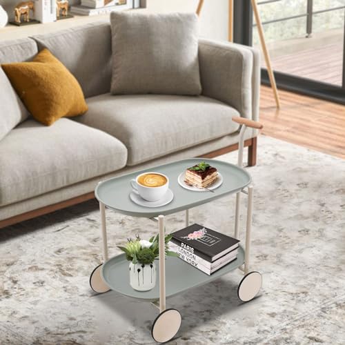 KEESUNG 2-Stufiger Rollwagen Aufbewahrungswagen mit Griff, Servierwagen Küche Trolley Kleiner Barwagen Getränkewagen Mobiler Sofa-Beistelltisch Aufbewahrungs-Organisationswagen (Grün) von KEESUNG