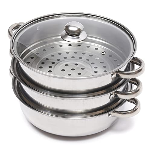 KEESUNG 3-lagiger Edelstahl Dampfkocher, 28cm Drei Lagen Edelstahl Dampfgarer Steam Cooker Kochtopf Dampfgarer mit Glasdeckel Stapelbar, für Knödel Gemüse oder Geflügel, Spülmaschinenfest von KEESUNG