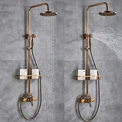 KEESUNG Antik Retro Duschset Duscharmatur, Wandmontage Regendusche Duscharmatur Messing Brause Nostalgie Duschset, Rund Duschsystem Duschstange Satz Mit Handbrause, Gold von KEESUNG