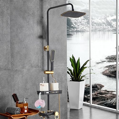 KEESUNG Duscharmatur Schwarz Gold, Badezimmer Duscharmatur Satz Regendusche Duschsystem Kopfbrause Handbrause HöHenverstellbar Duschstange mit großer Regendusche Duscharmatur von KEESUNG