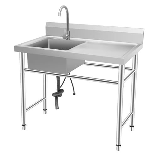 KEESUNG Freistehend Edelstahl Multifunktionswaschtisch, 100×60×93cm Gewerbliche Spülbecken Spüle Mit Unterschrank Spülenschrank Mit Spüles Und Armatur Spüle Mit Wasserhahn Waschtisch von KEESUNG