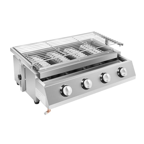KEESUNG Gasbräter Gasgrill 4 Brenner, 4-Flammen Edelstahl Brenner mit Abnehmbarer Grill Profi Gastrobräter LPG Gastro BBQ Tischgrill für Camping Balkon Garten Picknick, 58x40x20 CM von KEESUNG