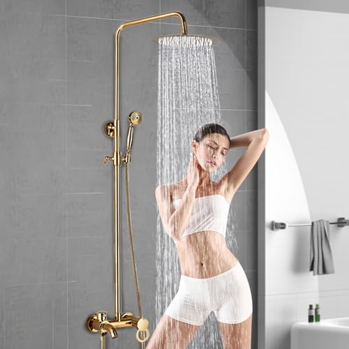 KEESUNG Gold Duschsystem Set, Duscharmatur Duschset Edelstahl Handbrause Regendusche Wand Haengen Höhenverstellbar Badezimmer Wasserhahn Regendusche Handbrause Kopf, 20CM von KEESUNG