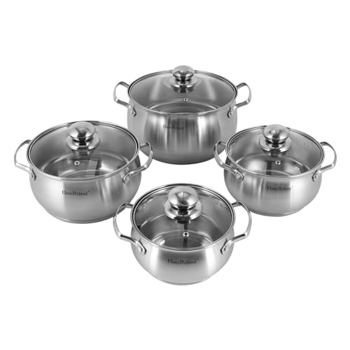 KEESUNG Kochgeschirr-Set Quality One 4-teilig, 4 Stück Edelstahl-Suppentöpfe Rund Edelstahl Kochtopf Set mit Glasdeckel Induktions Töpfe Set für jede Herdplatte geeignet, Silber von KEESUNG