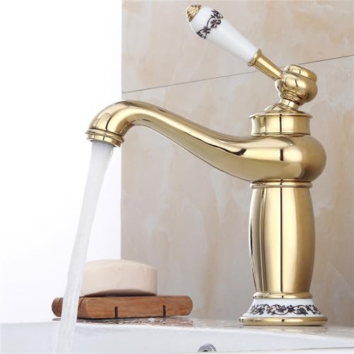 KEESUNG Retro Antik Landhaus Bad Waschbecken, Nostalgie Einhebelmischer Retro Waschtischarmatur Hoch Einhebel Wasserhahn Bad Wasserhahn Spültisch Armatur, Kaltwasser-Warmwasser-System (Gold) von KEESUNG