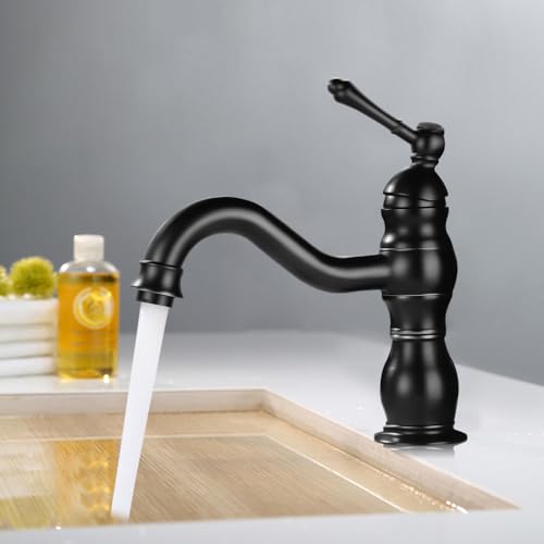 KEESUNG Vintage Retro Armatur Wasserhahn Waschtischarmatur, Schwarz Matt Hoch Wasserhahn Waschbecken Einhebel Mischbatterie aus Messing für Badezimmer und Toiletten von KEESUNG