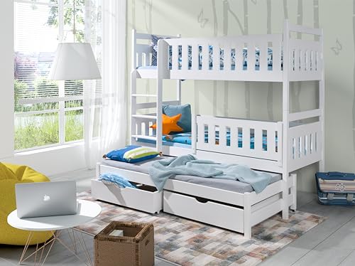 KEF ANIA Etagenbett Kinder 160x80cm - Etagenbett 3 Personen - Holz Kinderbett Ausziehbar - Klappbares Etagenbett für DREI Kinder - Bett mit Ausziehbaren Schubladen - Weiß - Leiter Links KEF ANIA Etagenbett Kinder 160x80cm - Etagenbett 3 Personen - Holz Kinderbett Ausziehbar - Klappbares Etagenbett für DREI Kinder - Bett mit Ausziehbaren Schubladen - Weiß - Leiter Links von KEF-MEBLE