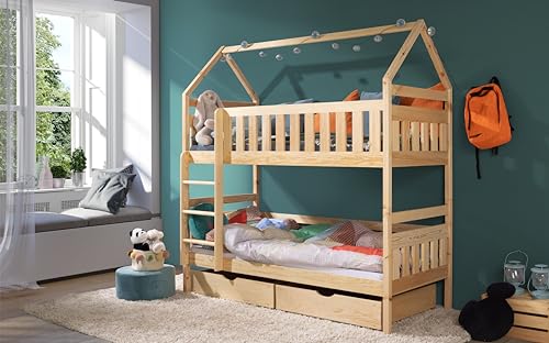KEF Ada Etagenbett Kinder 90x180 cm - Hausbett - Holz Kinderbett - für Zwei Kinder - Holzbett mit Schubladen - Massivholz Kinder Bett mit Lattenrost - Kiefer - mit Matratze - Leiter Links von KEF-MEBLE
