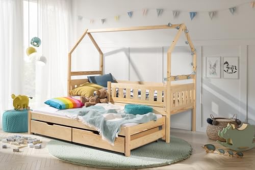 KEF Blanka Kinderbett 80x180 cm - Doppelbett mit Schubladen - Hausbett aus Holz - Babybett ohne Matratze - Floor Bed - Jugendbett und Mädchenbett für Kinderzimmer - Kiefer von KEF-MEBLE