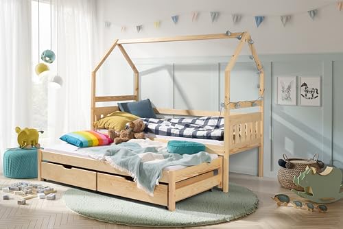 KEF Blanka Kinderbett 90x180 cm - Doppelbett mit Schubladen - Hausbett aus Holz - Babybett ohne Matratze - Floor Bed - Jugendbett und Mädchenbett für Kinderzimmer - Kiefer von KEF-MEBLE