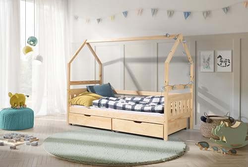 KEF Emma Kinderbett 80x180 cm - Hausbett für Schlafzimmer - Bodenbett aus Holz - Babybett mit Matratze - Floor Bed - Jugendbett und Mädchenbett für Kinderzimmer - Kiefer von KEF-MEBLE