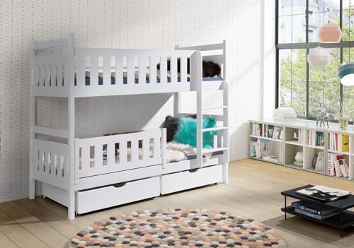 KEF Franek Etagenbett Kinder 200x80 cm - Holz Kinderbett - für Zwei Kinder - Holzbett mit Schubladen - Massivholz Kinder Bett mit Lattenrost - mit Matratze - Weiß - Leiter Rechts von KEF-MEBLE