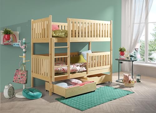 KEF Gabrielle Etagenbett Kinder 80x160 cm - Holz Kinderbett - für Zwei Kinder - Holzbett mit Schubladen - Massivholz Kinder Bett mit Lattenrost - Kiefer - ohne Matratze - Leiter Links von KEF-MEBLE