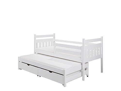 KEF Kinderbett 80x170 cm - NOAH - Bett aus Holz mit Stauraum - Tagesbett mit Lattenrost und Matress - Jugendbett und Mädchenbett für Kinderzimmer - Ausziehbett für Zwei Personen - Weiß KEF Kinderbett 80x170 cm - NOAH - Bett aus Holz mit Stauraum - Tagesbett mit Lattenrost und Matress - Jugendbett und Mädchenbett für Kinderzimmer - Ausziehbett für Zwei Personen - Weiß von KEF-MEBLE