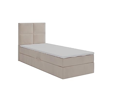 KEF Arizona Mini Boxspringbett 100x200 cm - Bett mit Matratze und Topper - Einzelbett mit Bettkasten - Polsterbett mit Kopfstütze - Bonell-Matratze H3 - Tiffany Beige - Öffnung Links von KEF-MEBLE