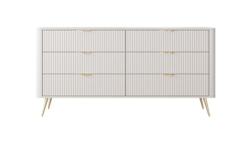 KEF-MEBLE Kommode Lewis 163,2x81,2x38 cm – Sechs Schubladen – Geriffelte Fronten aus MDF – Abgerundete Kanten – Moderne Möbel für Wohnzimmer – Schlafzimmer – Elegant - Beige von KEF-MEBLE