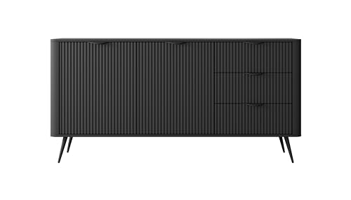 KEF-MEBLE Kommode Lewis 163,2x81,2x38 cm – mit Schrank – DREI Schubladen – Geriffelte Fronten aus MDF – Abgerundete Kanten – Moderne Möbel für Wohnzimmer – Schlafzimmer – Elegant - Schwarz von KEF-MEBLE