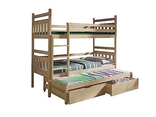 KEF Lena Etagenbett Kinder 80x200 cm - Etagenbett 3 Personen - Holz Kinderbett - für DREI Kinder - mit Schubladen - Ausziehbares Drittes Bett - ohne Matratze - Kiefer von KEF-MEBLE