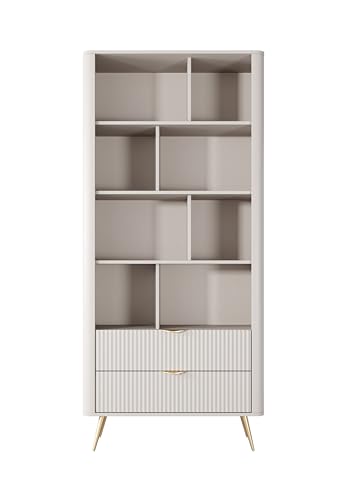 KEF-MEBLE Lewis Regal 88,2x193,8x38 cm – Bücherregal für das Wohnzimmer – Wohnzimmermöbel – Regalböden – Zwei Schubladen – Geriffelte Fronten – Möbel auf Beinen – Modern von KEF-MEBLE