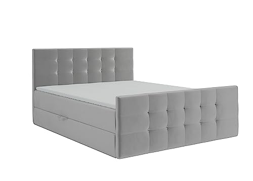 KEF Paris Boxspringbett 140x200 cm - Bett mit Matratze und Topper - Doppelbett mit Bettkasten - Polsterbett mit Kopfstütze - Bonell-Matratze H3 - Silber Tiffany von KEF-MEBLE