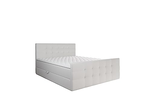 KEF Paris Boxspringbett 140x200 cm - Bett mit Matratze und Topper - Doppelbett mit Bettkasten - Polsterbett mit Kopfstütze - Bonell-Matratze H3 - Weiß Kunstleder von KEF-MEBLE