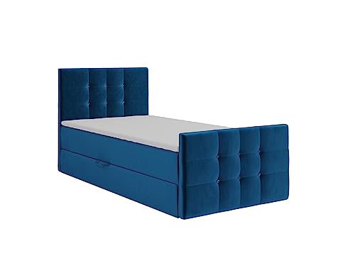 KEF Paris Mini Boxspringbett 100x200 cm - Bett mit Matratze und Topper - mit Bettkasten - Polsterbett mit Kopfstütze - Bonell-Matratze H3 - Blau Tiffany von KEF-MEBLE