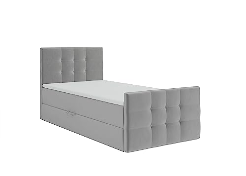 KEF Paris Mini Boxspringbett 100x200 cm - Bett mit Matratze und Topper - mit Bettkasten - Polsterbett mit Kopfstütze - Bonell-Matratze H3 - Silber Tiffany von KEF-MEBLE