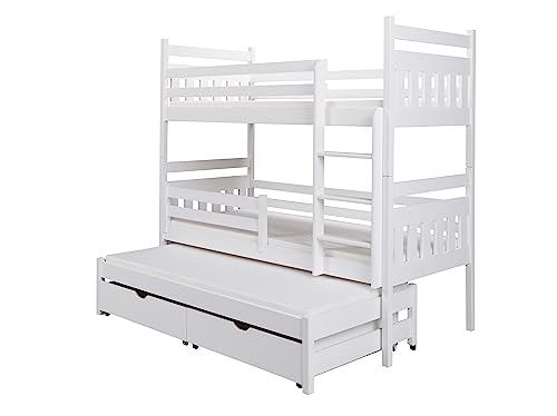 KEF Susi Etagenbett Kinder 90x180 cm - Etagenbett 3 Personen - Holz Kinderbett - für DREI Kinder - mit Schubladen - Ausziehbares Drittes Bett - mit Matratze - Weiß von KEF-MEBLE